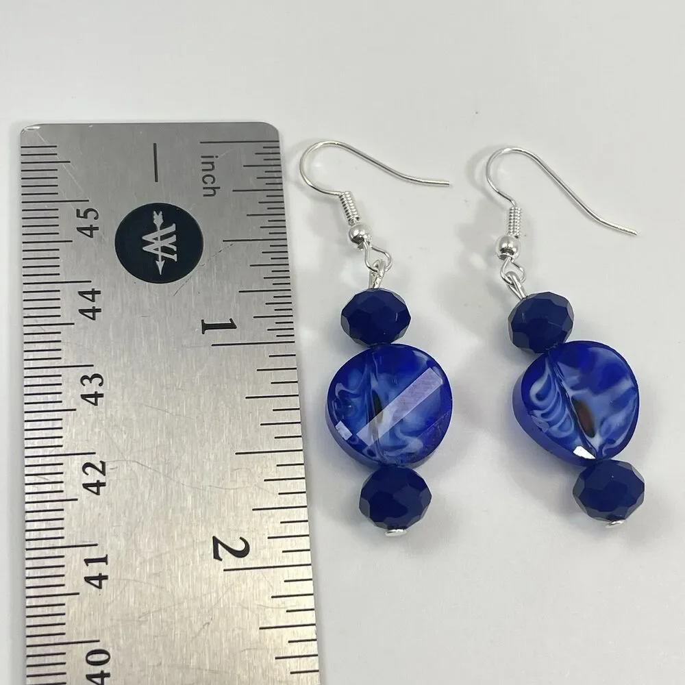 Artisan Hand Crafted Blue Glass Dangle Earrings Boho Silver Tone Beautiful